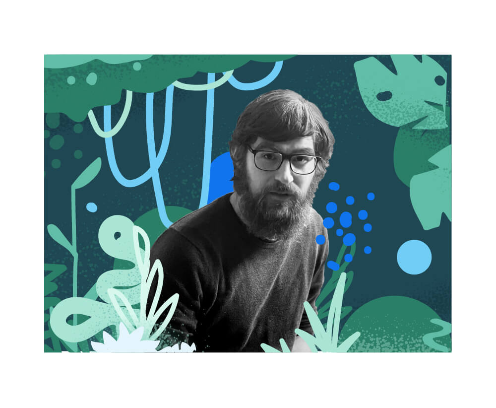 Paul Campbell in an illustrative, abstract jungle